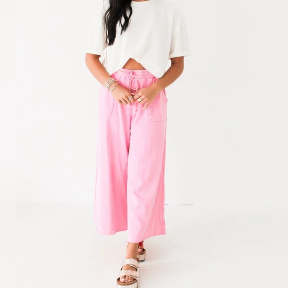 Easel Mineral Washed Wide Leg Pants ISLAND PINK - Picture 2 of 7